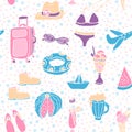 Vector seamless pattern with things for summer travelling.